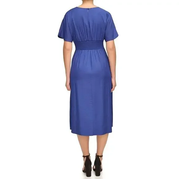 Kensie Short Sleeve Smocked Waist A-Line Midi Dress Navy Women’s Sz 14 NWT - Picture 6 of 9